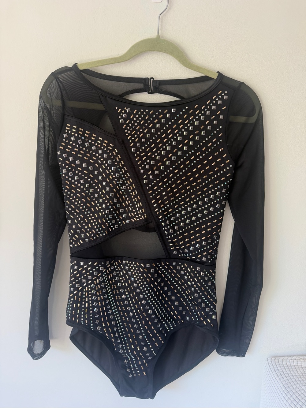 Weissman Black Long-Sleeve Mesh Bodysuit with Gold & Silver Studs